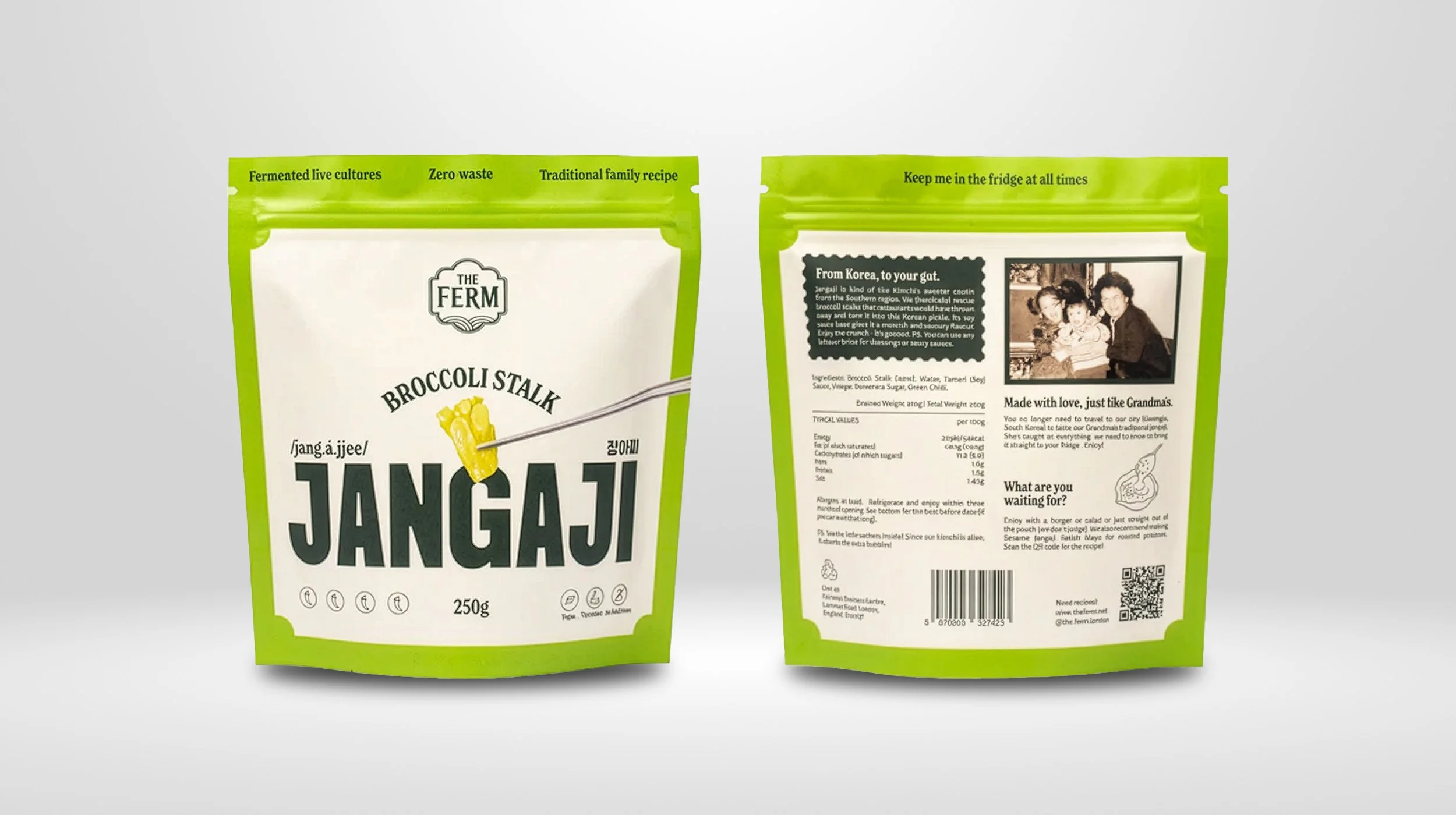 The Ferm's Jangaji broccoli stalk product in a pouch on a grey background