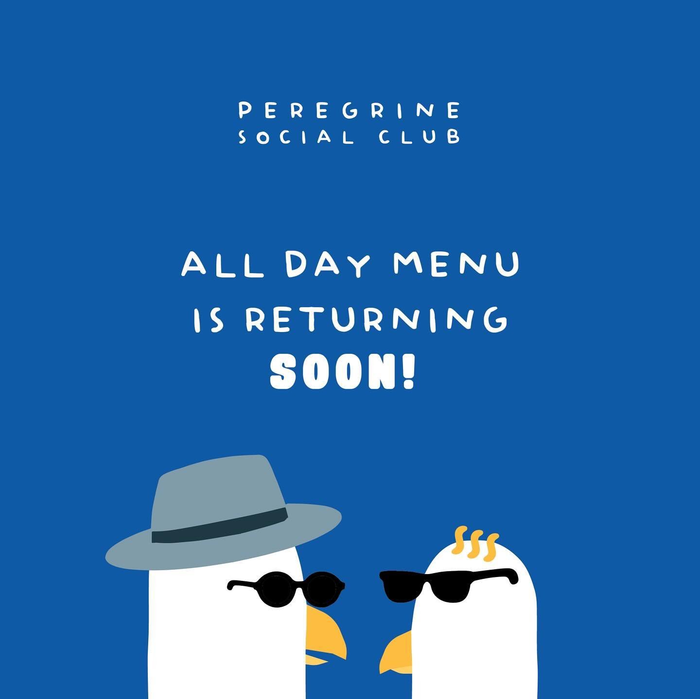 Our All-day menu is coming back shortly! We have been listening to your feedback over our first month and have plenty of changes on the way. Thank you for your patience since opening, we are working with a new team, new equipment and new venue. We ho