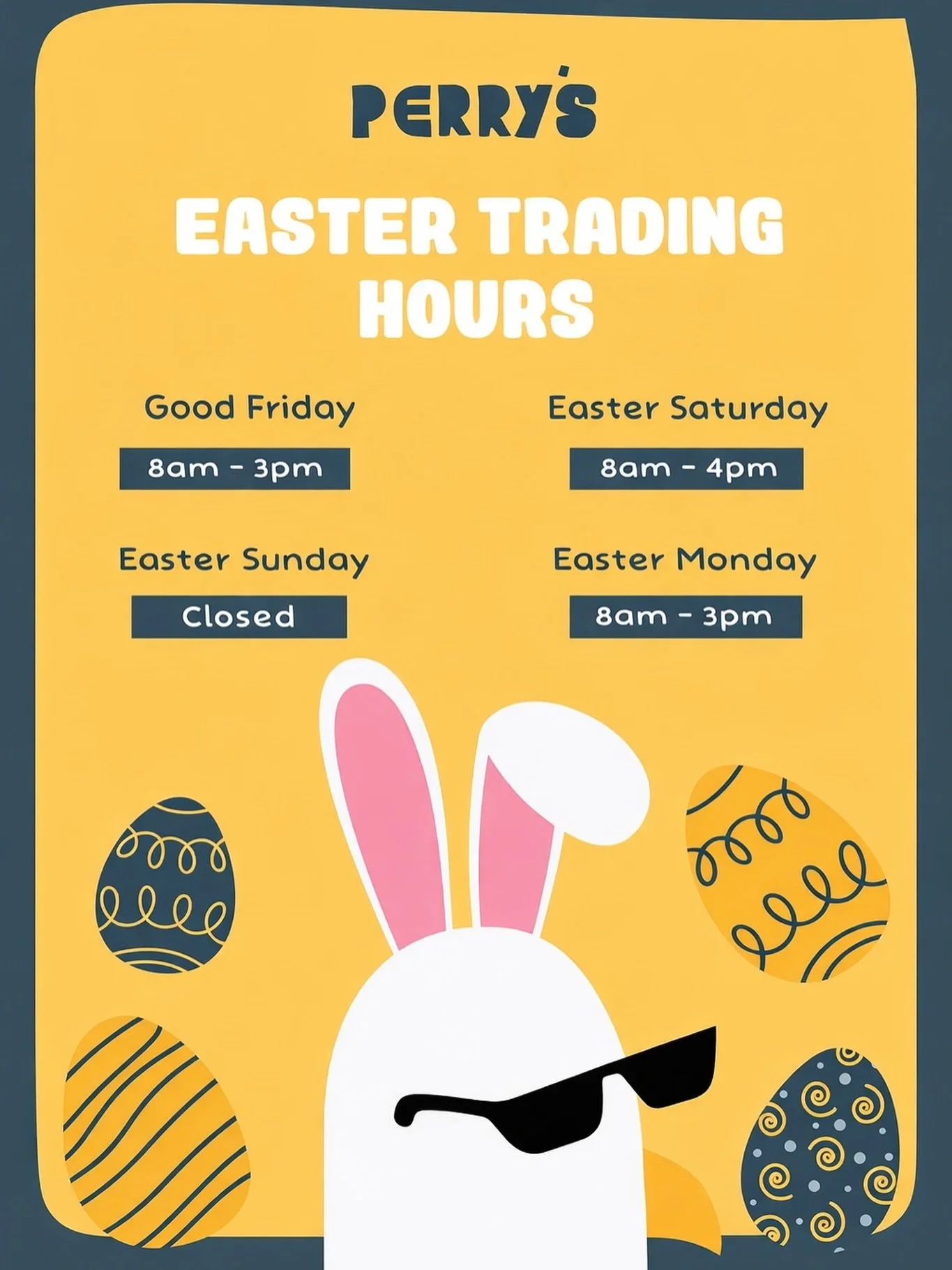 Hop in this weekend, we&rsquo;re open every day except Sunday. Perry good. 🐰🍫