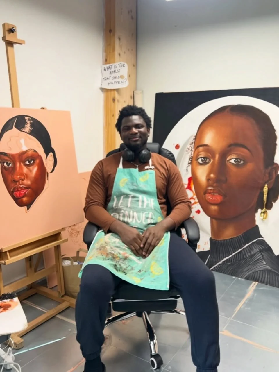 Step inside the first-floor studio of Samuel Olowomeye, where storytelling and portraiture powerfully collide. 

Since joining Kindred Studios in September last year, Samuel has been shaping his practice in his very first studio. 

Originally trained