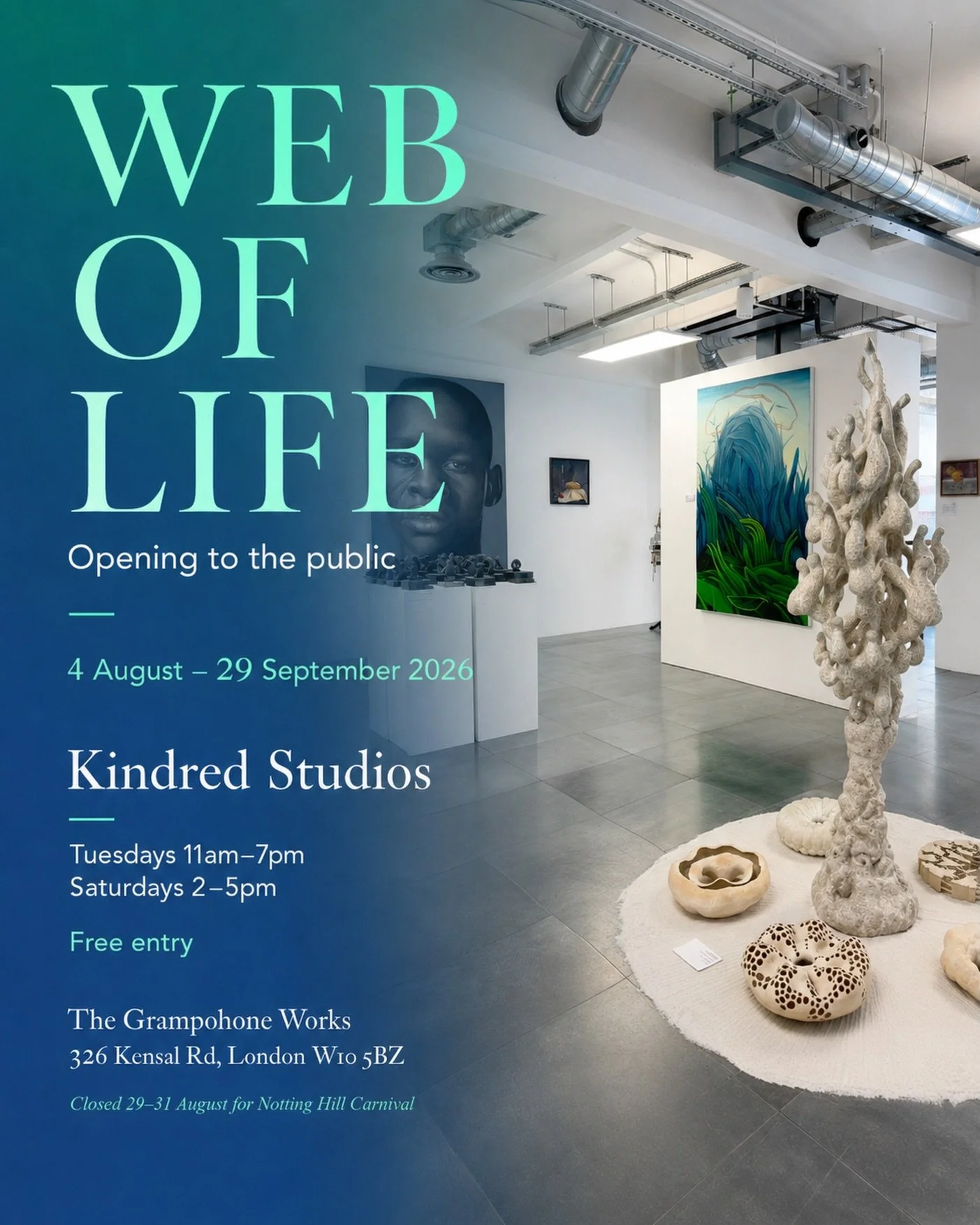 Web of Life reopens to the public tomorrow at Kindred Studios.

Bringing together work by Kindred artists, the exhibition explores connection, interdependence and the relationships that shape our lives.

Exhibition dates
4 August&ndash;29 September 2