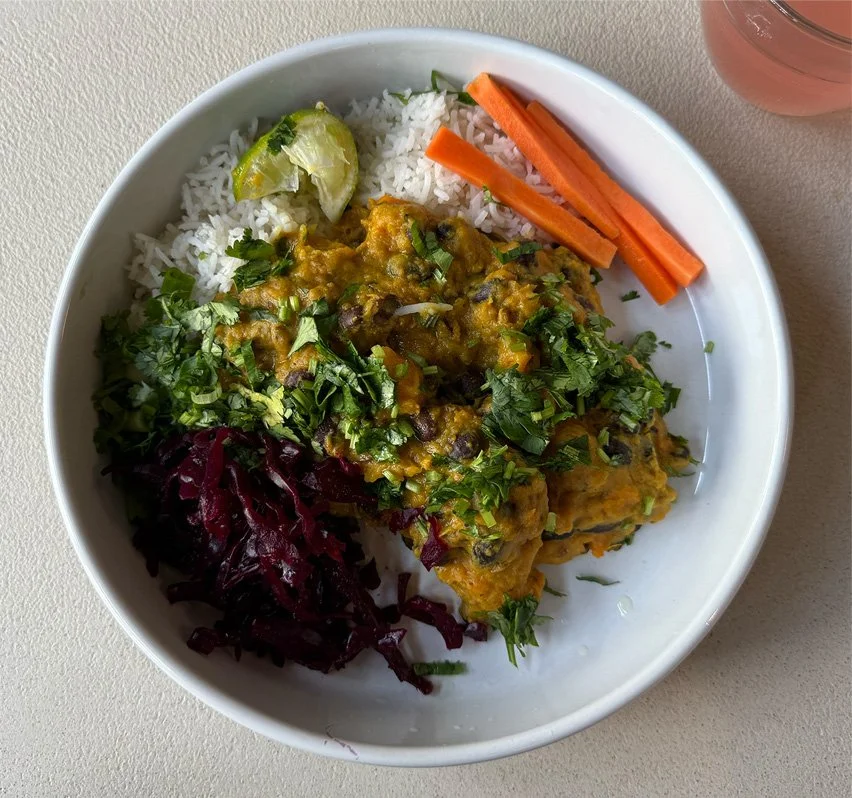 Caribbean pumpkin stew rice & coriander salsa