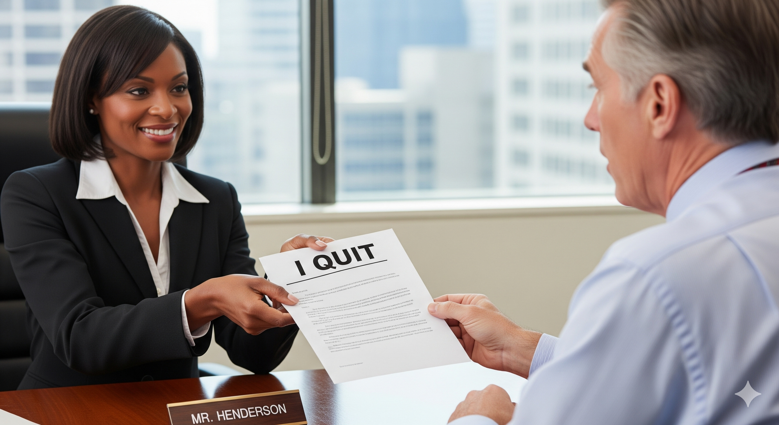 A woman in business attire smiling while giving a document labeled 'I QUIT' to an older man at an office desk, with a nameplate reading 'Mr. Henderson' in front of her, inside a modern office with large windows showing city buildings.
