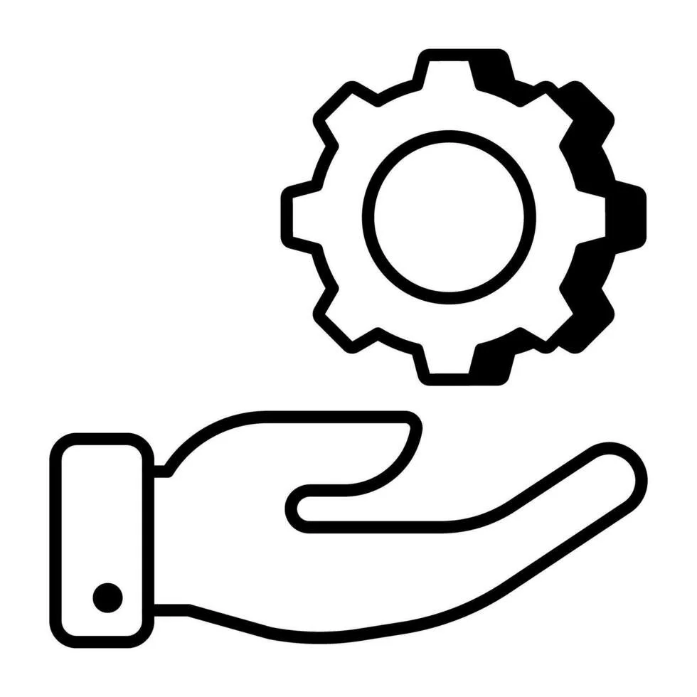 Outline drawing of a hand holding a gear.