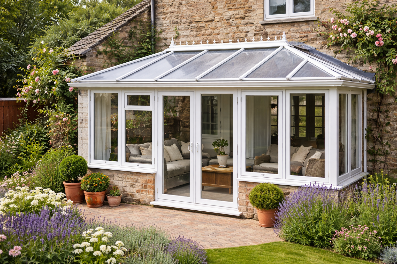 A brick house with a glass conservatory or sunroom attached, surrounded by a garden with various flowering plants and potted bushes.