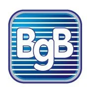 Logo for Between Glass Blinds. Blue and white with the letters 'BgB' in the center