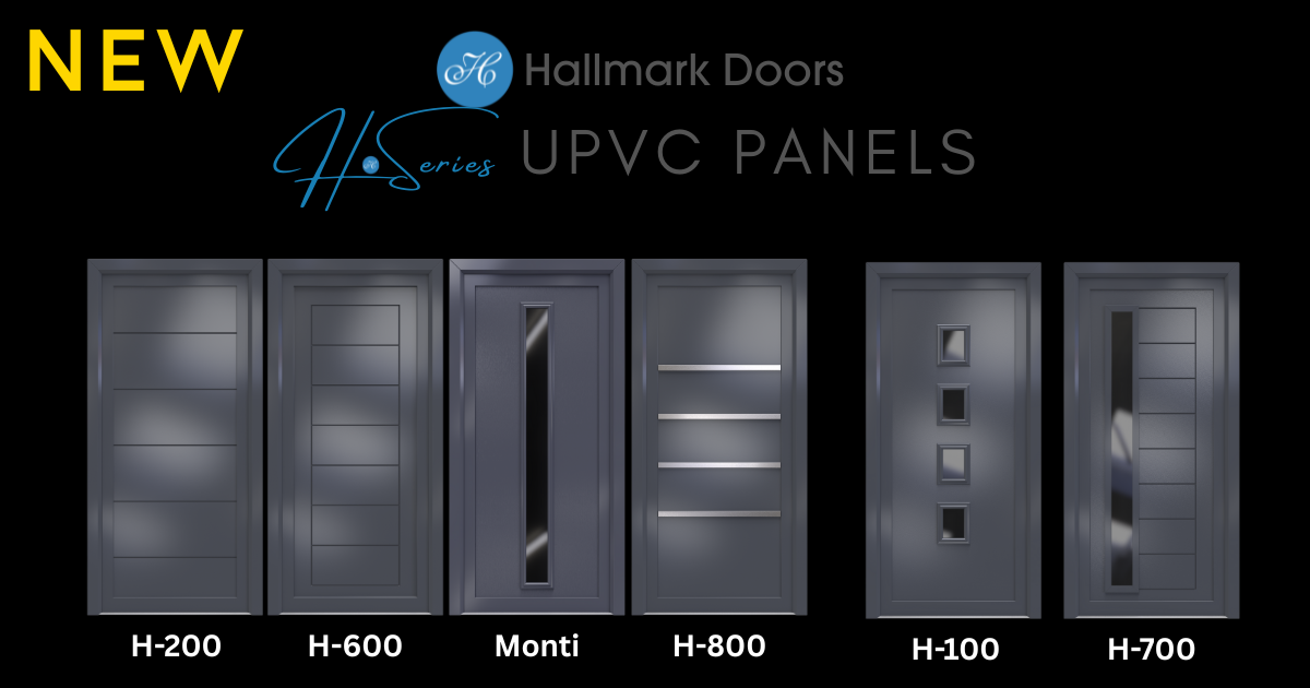 Display of five UPVC doors from Hallmark Doors' Hi-Series, each with different design and height labels, on black background.