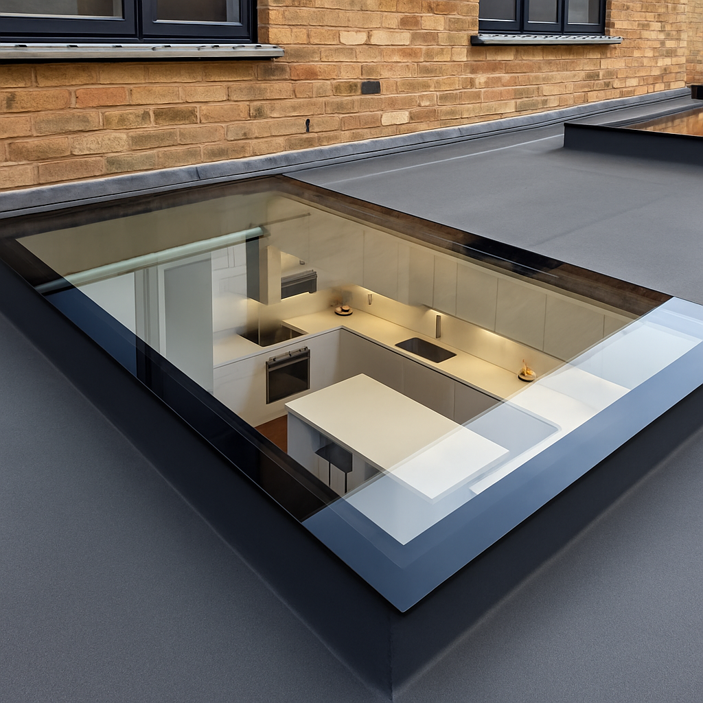 A rooftop kitchen visible through a glass skylight, with white cabinets, a black stovetop, and minimalist decor.