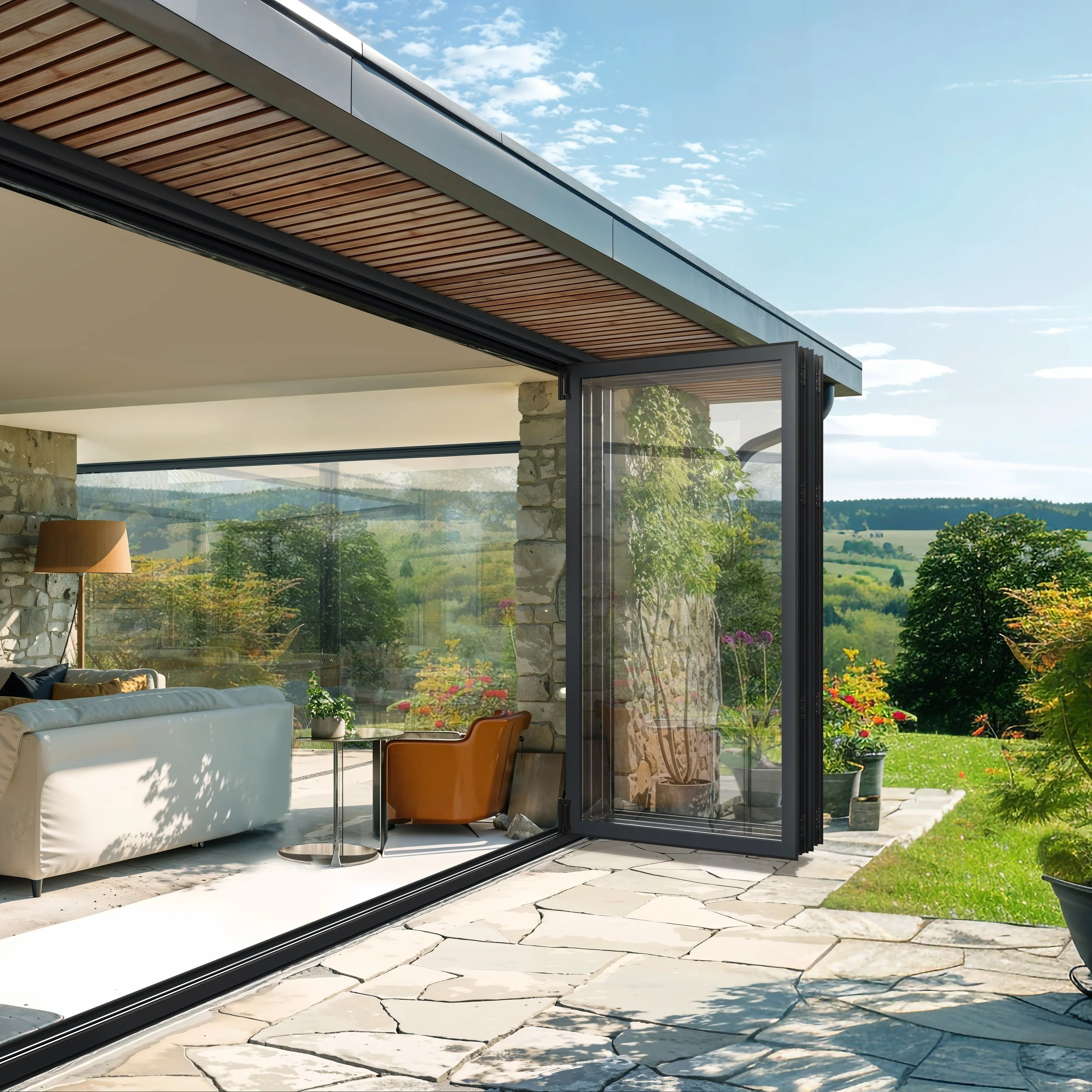 Modern house with open glass bifold doors, stone and wood exterior, overlooking a lush green landscape and garden with potted plants.