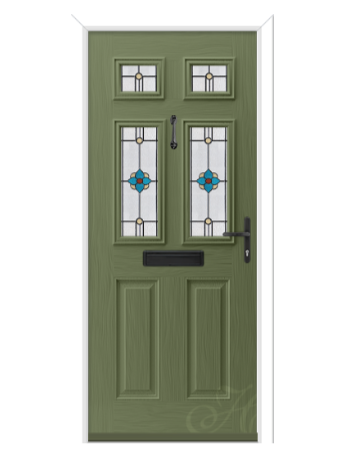 Green front door with decorative stained glass windows and black hardware.