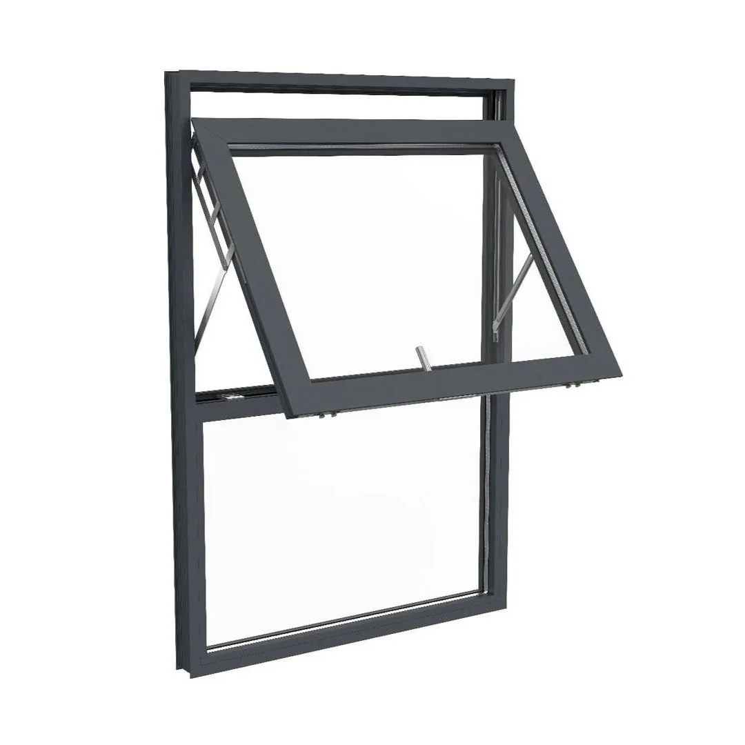 A black window screen with its sashes open, showing the window's frame and the adjustable screen frame.