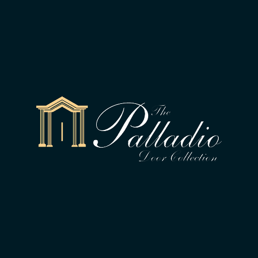 Logo for The Palladio Door Collection featuring a stylized door frame and elegant script text