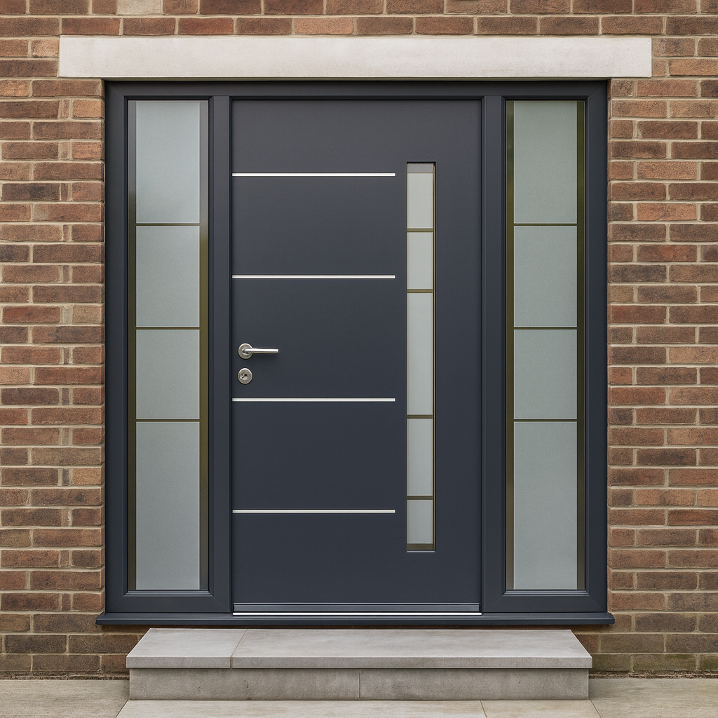 Modern navy front door with vertical glass panels on each side, set in a brick wall, with a small concrete stoop.