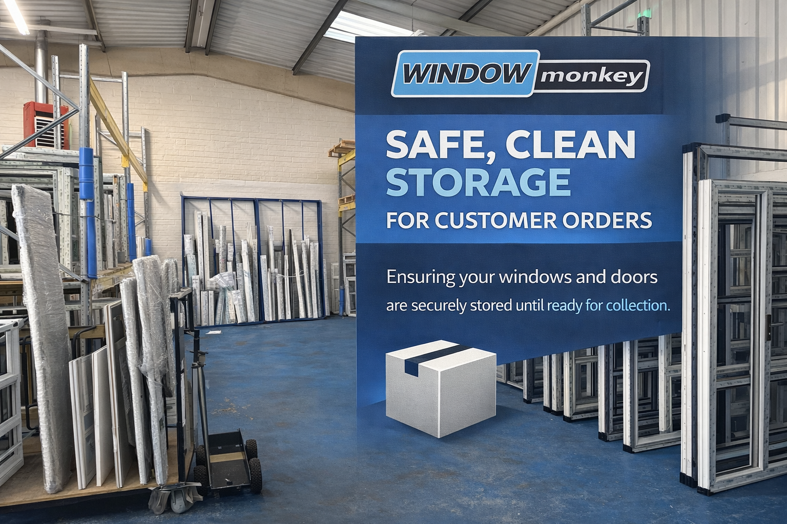 Sign in a warehouse reading "Window Monkey: Safe, Clean Storage for Customer Orders. Ensuring your windows and doors are securely stored until ready for collection." The warehouse contains metal window frames and doors on shelves and racks.