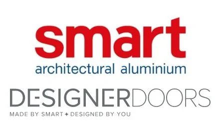 Smart architectural aluminum designer doors logo with text.