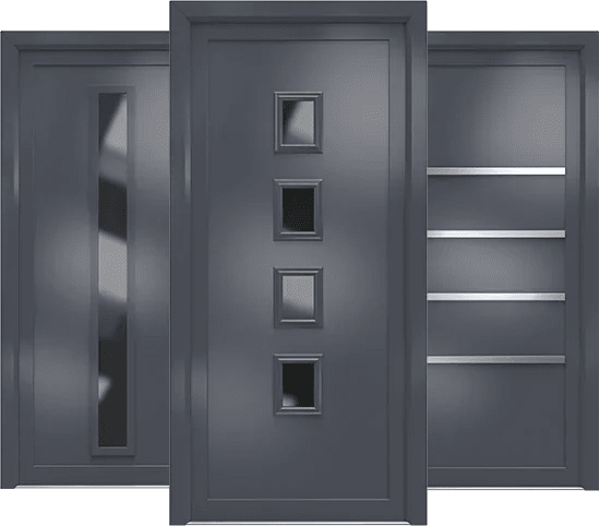 Close-up of three modern front doors with different designs and window styles.
