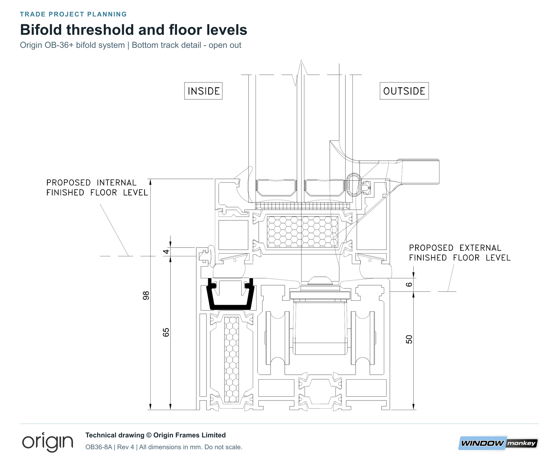 Illustrative section showing how a bifold threshold relates to internal and external finished levels