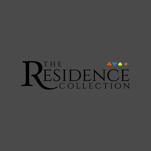 Logo for The Residence Collection featuring the name and four card suit symbols in red, blue, yellow, and gray.
