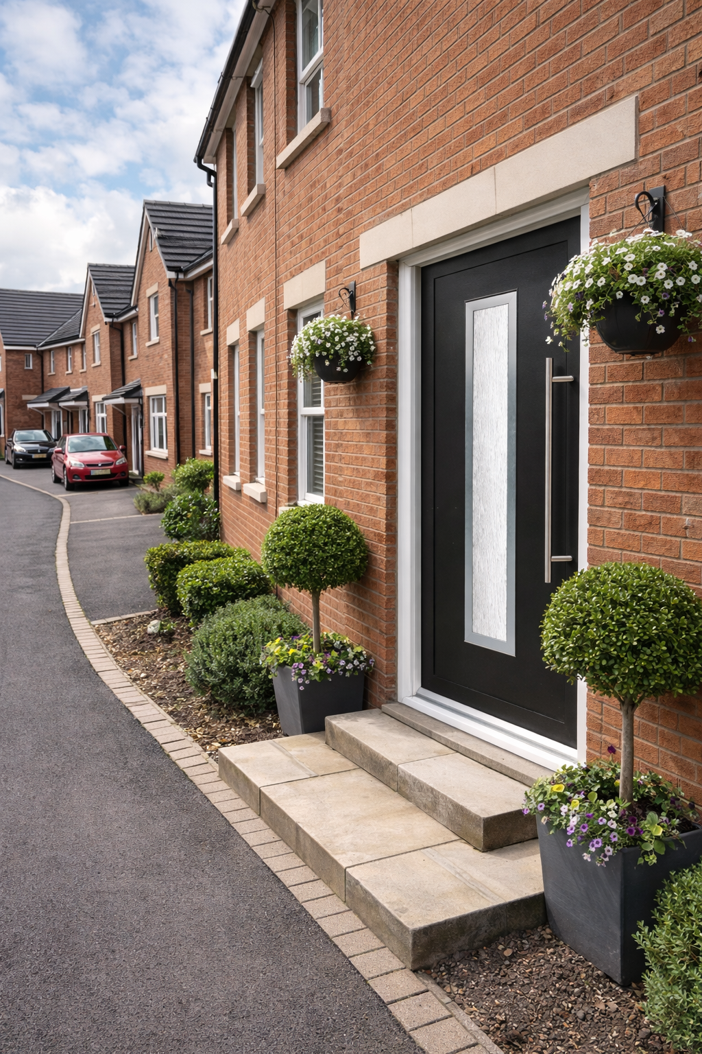 Front entrance of a brick house with a black door, potted topiary, hanging flower baskets, and a pathway with steps leading to the door, in a row of similar houses along a curved road.