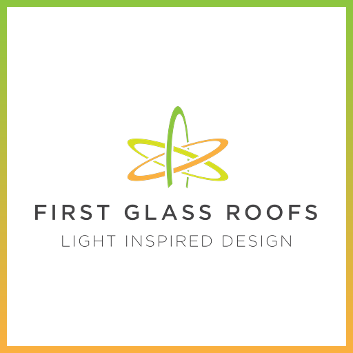 Logo for First Glass Roofs with a stylized atom-like design in green, yellow, and orange, and the text "First Glass Roofs" and "Light Inspired Design" underneath.
