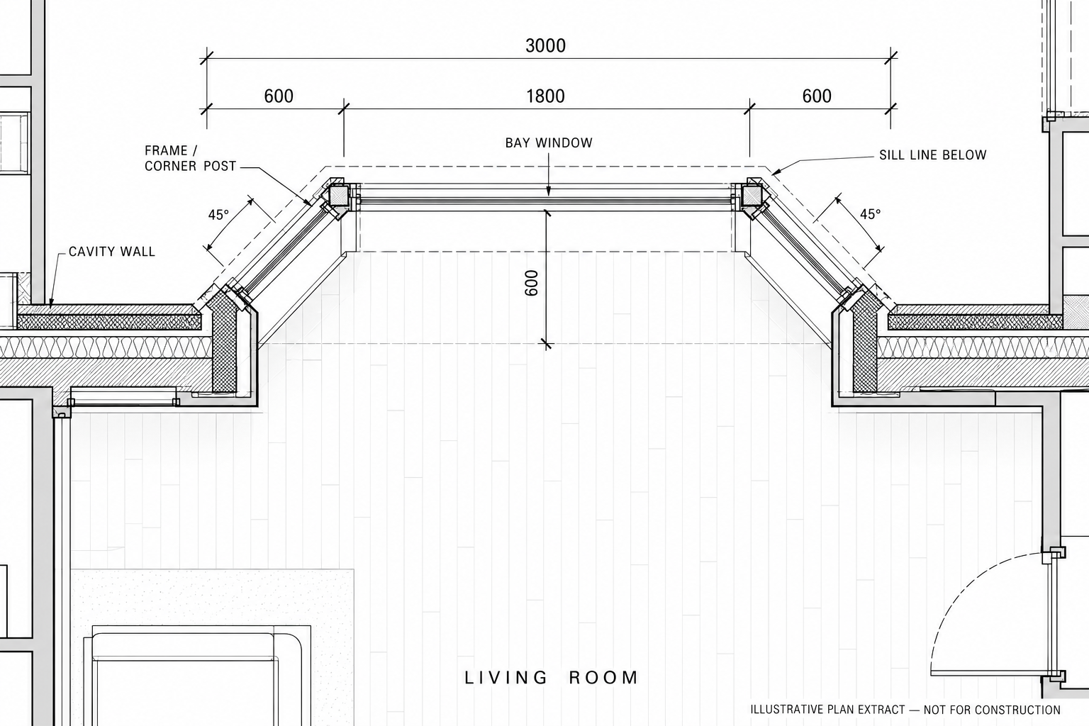 Illustrative set of plans highlighting a bay window