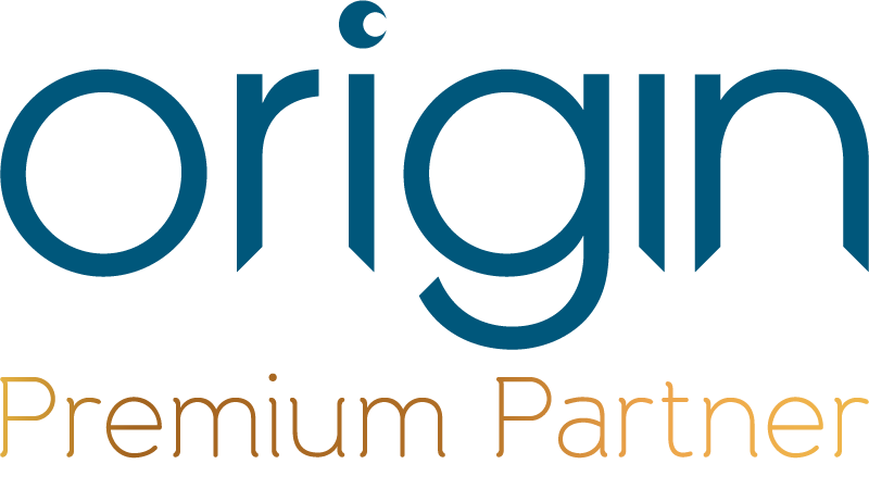 Logo with the word 'origin' in large blue letters, a small blue crescent above the 'o', and 'Premium Partner' written below in gold.