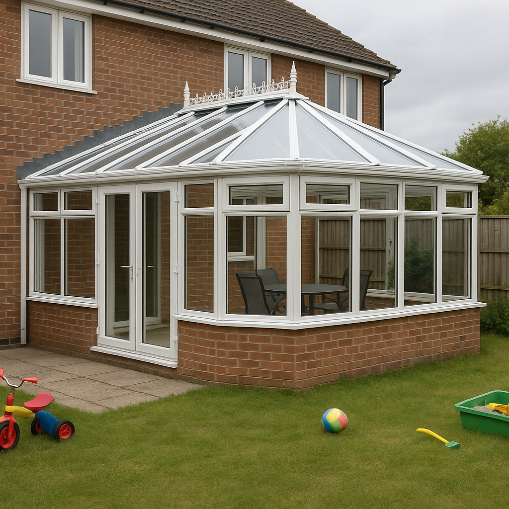 A brick house with a white conservatory attached to the back, featuring large glass windows and a glass roof. The backyard has a green lawn with children's toys such as a tricycle, a ball, and a sandbox.