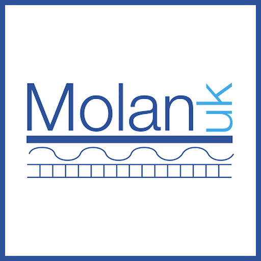 Logo with the text 'Molan UK' in blue, featuring a stylized 'K' and wave-like lines beneath.