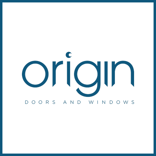 Logo for Origin Doors and Windows with the word 'origin' in large blue lowercase letters and 'DOORS AND WINDOWS' in smaller blue uppercase letters underneath on a black background.