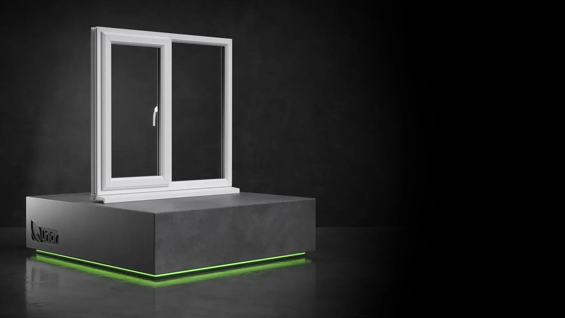 A modern white-framed PVC Window on a raised gray platform with green LED lighting underneath, set against a black background.