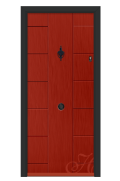 Red front door with black hardware and decorative latch, bordered by a black frame.