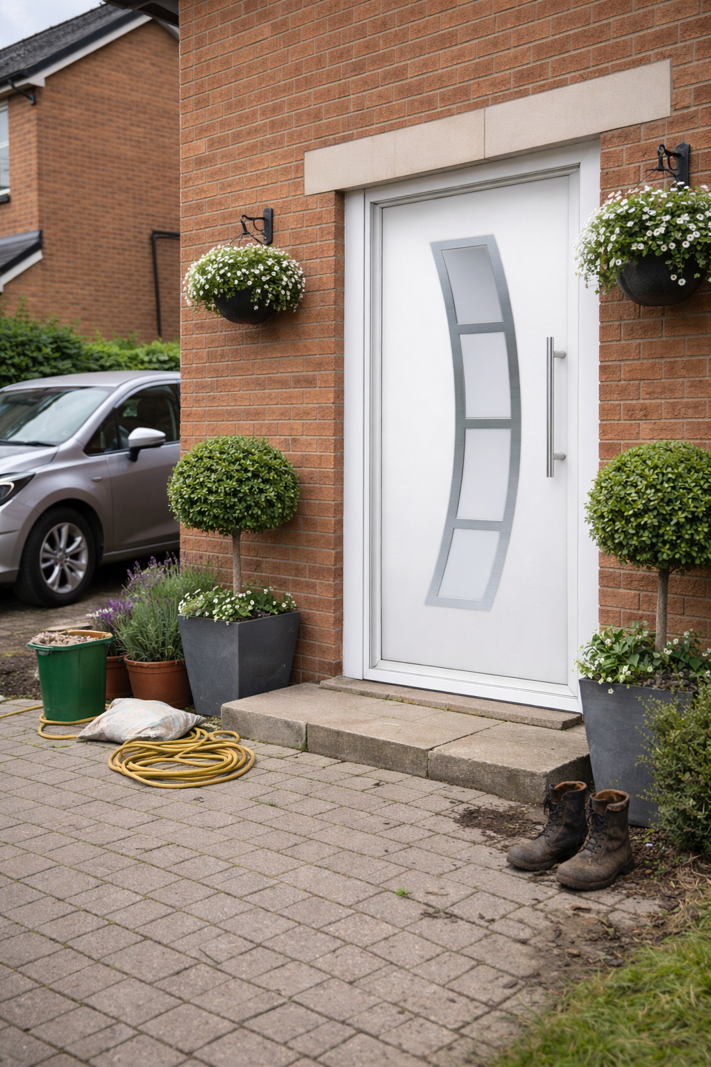 Residential front entrance with a modern white door featuring a curved glass panel, potted plants, hanging flower baskets, gardening tools, and a parked silver car nearby.