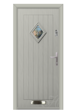 Gray front door with a diamond-shaped window and a mail slot at the bottom.