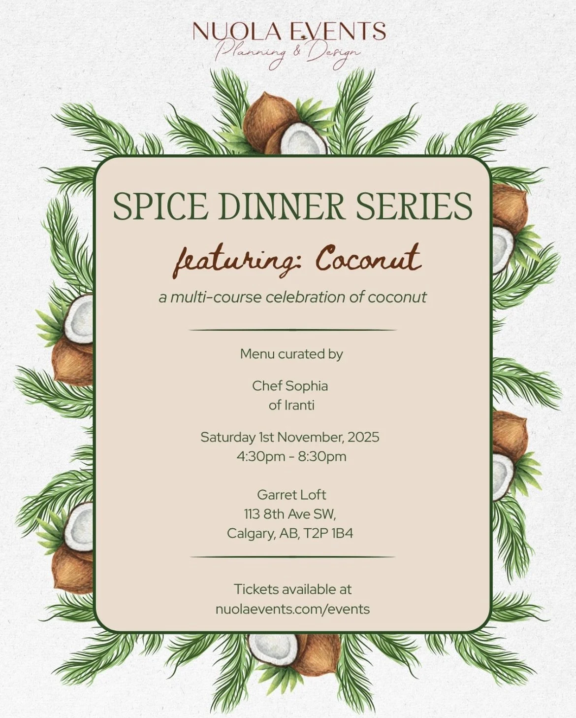 The wait is almost over! Join us for the Spice Dinner Series on November 1st at @thegarretloft, curated by Nuola Events. 

We&rsquo;ll take you on an immersive journey celebrating coconut with a menu tastefully crafted by @iranti.yyc and perfectly pa