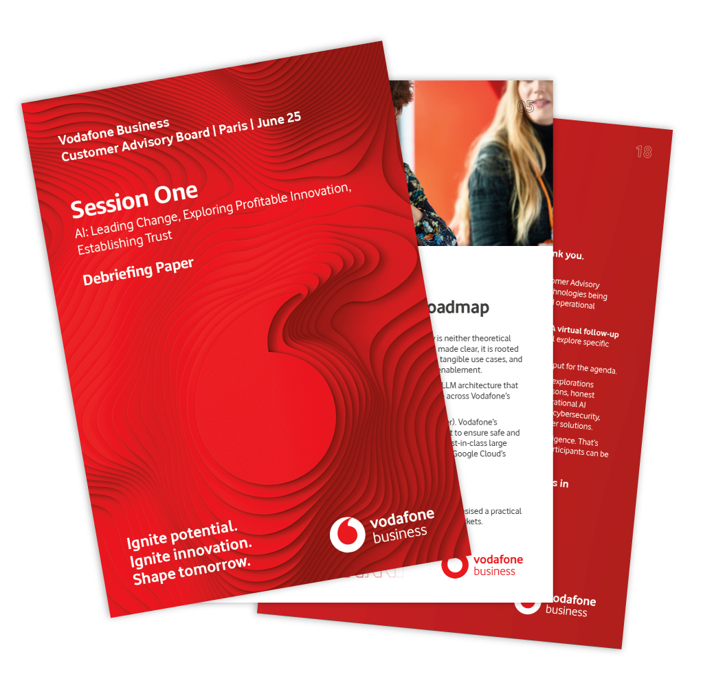 Red conference program cover for Vodafone Business, titled "Session One: AI: Leading Change, Exploring Profitable Innovation, Establishing Trust," with a tagline "Ignite potential. Ignite innovation. Shape tomorrow." The cover features a layered, topographic design and the Vodafone Business logo.
