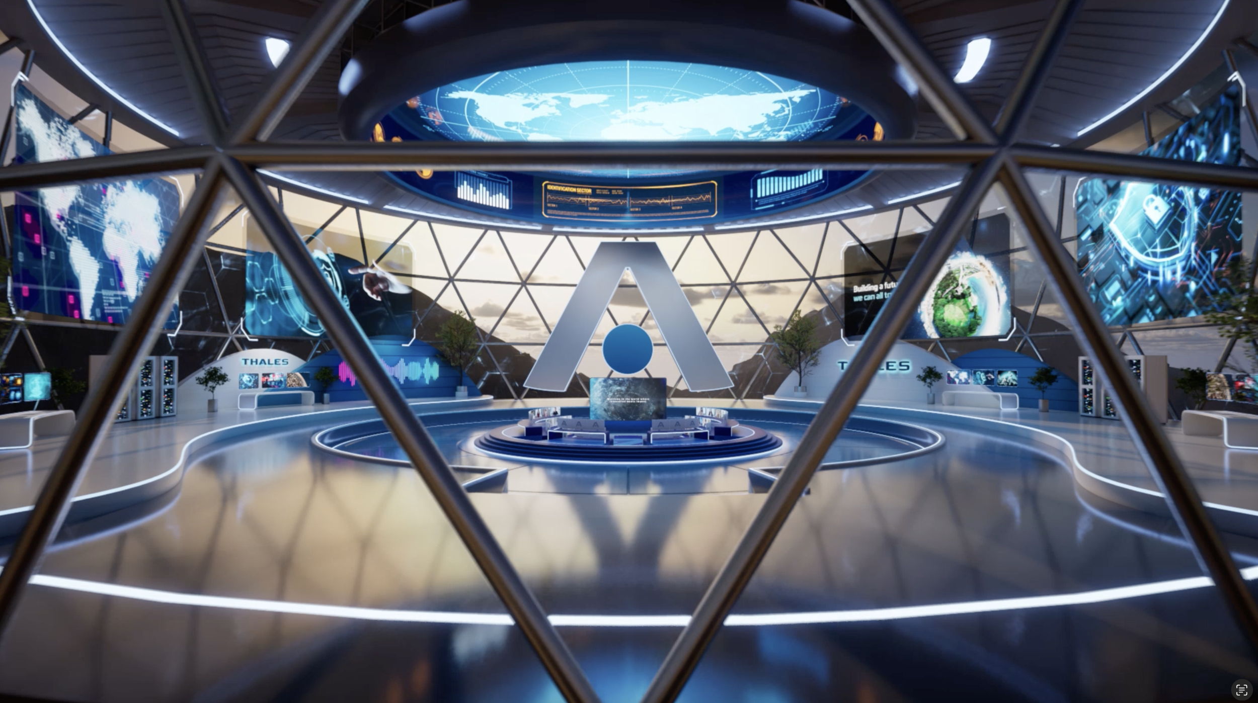 Futuristic control room with large digital screens displaying global data and graphics, viewed through a geodesic dome structure.