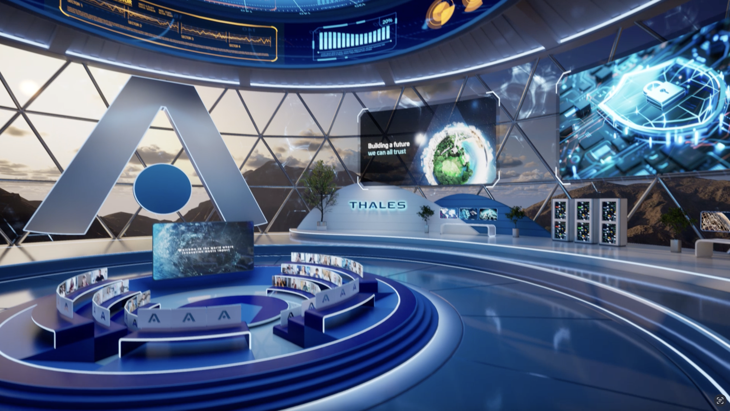 Modern high-tech conference room with curved seating arranged in a semi-circle, multiple large screens displaying data and graphics, and a prominent illuminated logo for Thales. The room features a geometric glass wall with a mountain landscape view, and digital displays above showing graphs and charts. The overall atmosphere is futuristic and technology-focused.