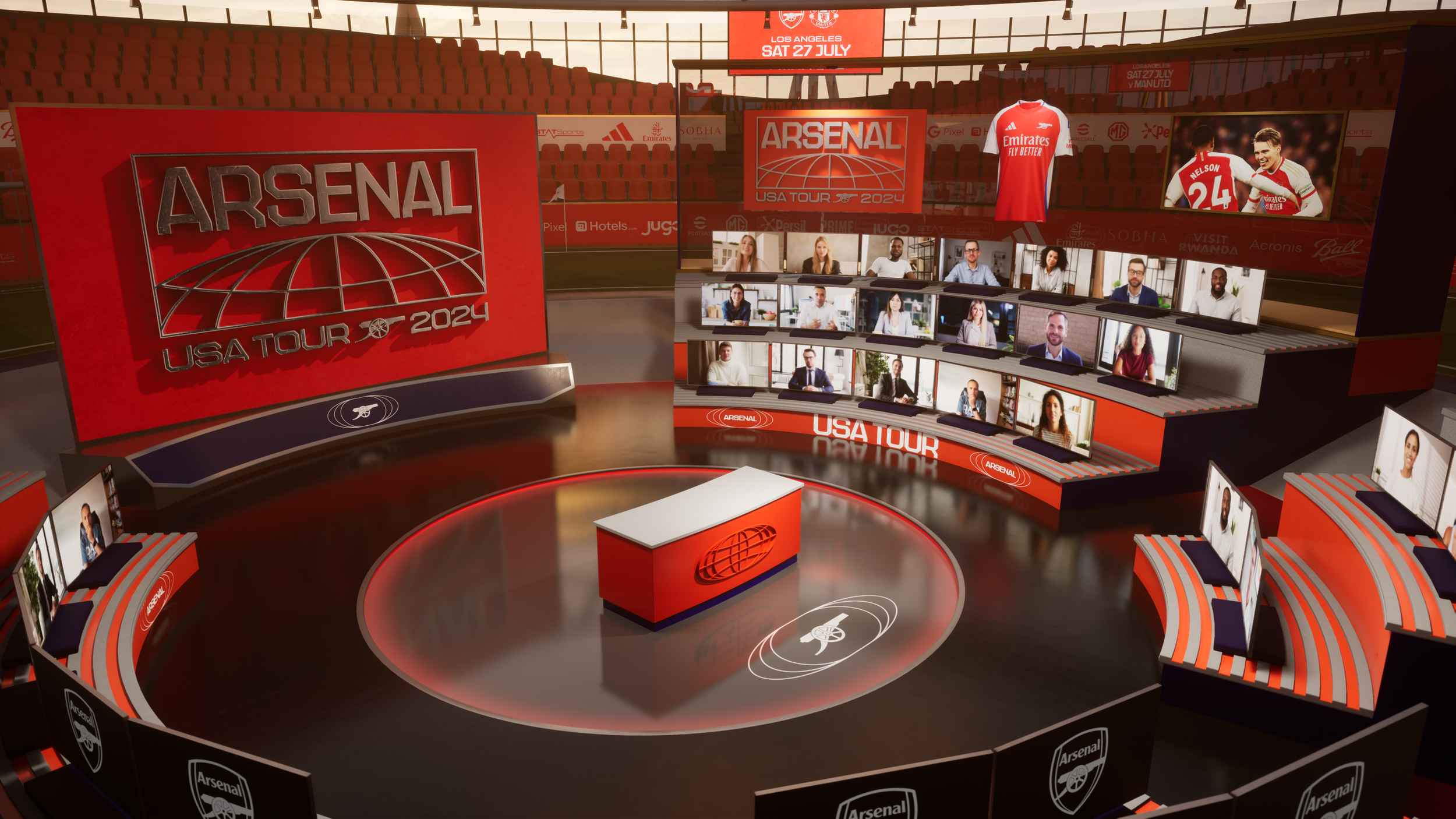 Virtual press conference setup for Arsenal's 2024 USA Tour, featuring large screens displaying football players and team branding, with a central desk, tiered monitors with remote participants, and stadium seating in the background.