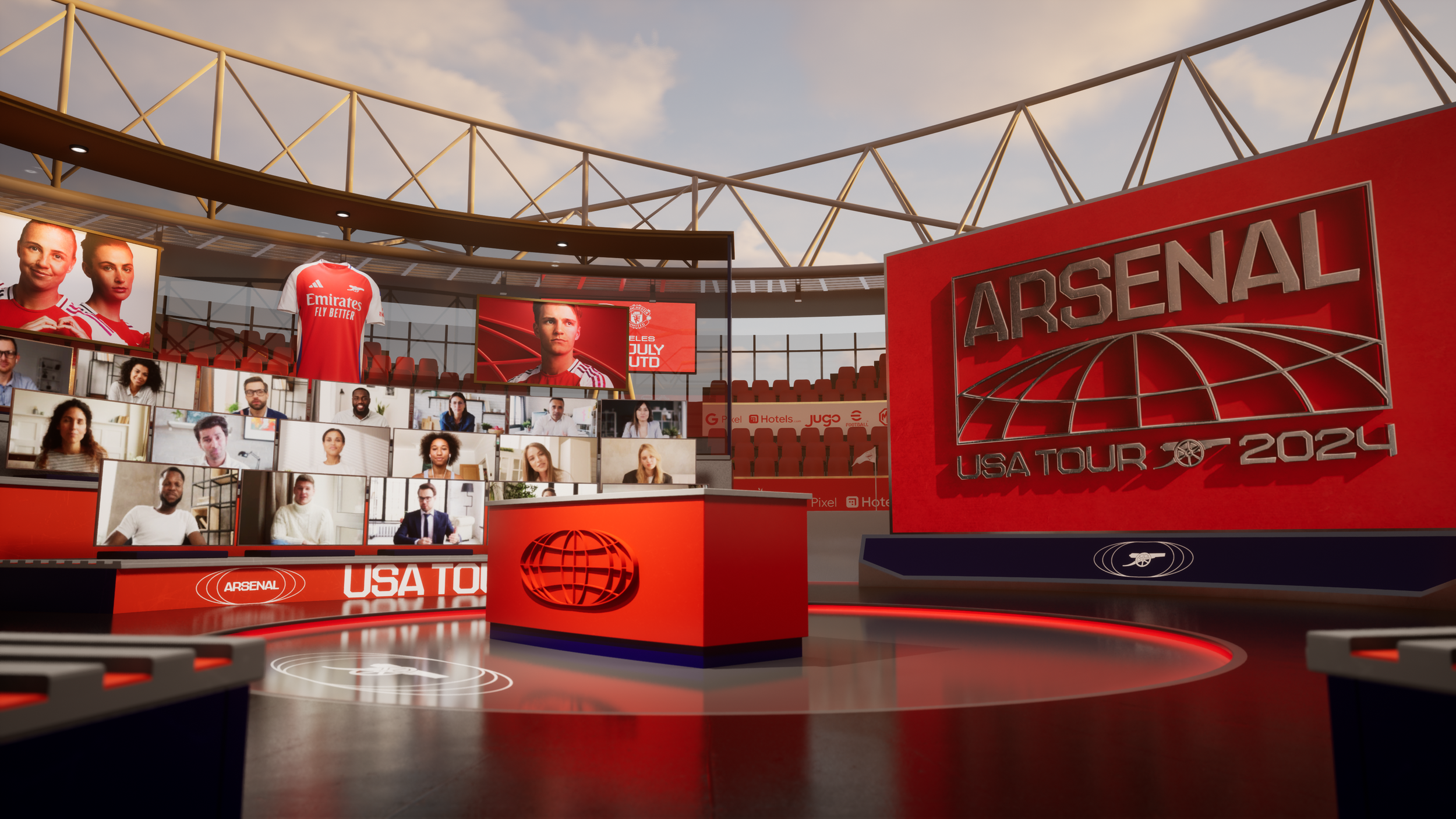 Virtual meeting with multiple participants on screens, with branding of Arsenal and USA Tour 2024, and a large screen displaying Arsenal players and logos.