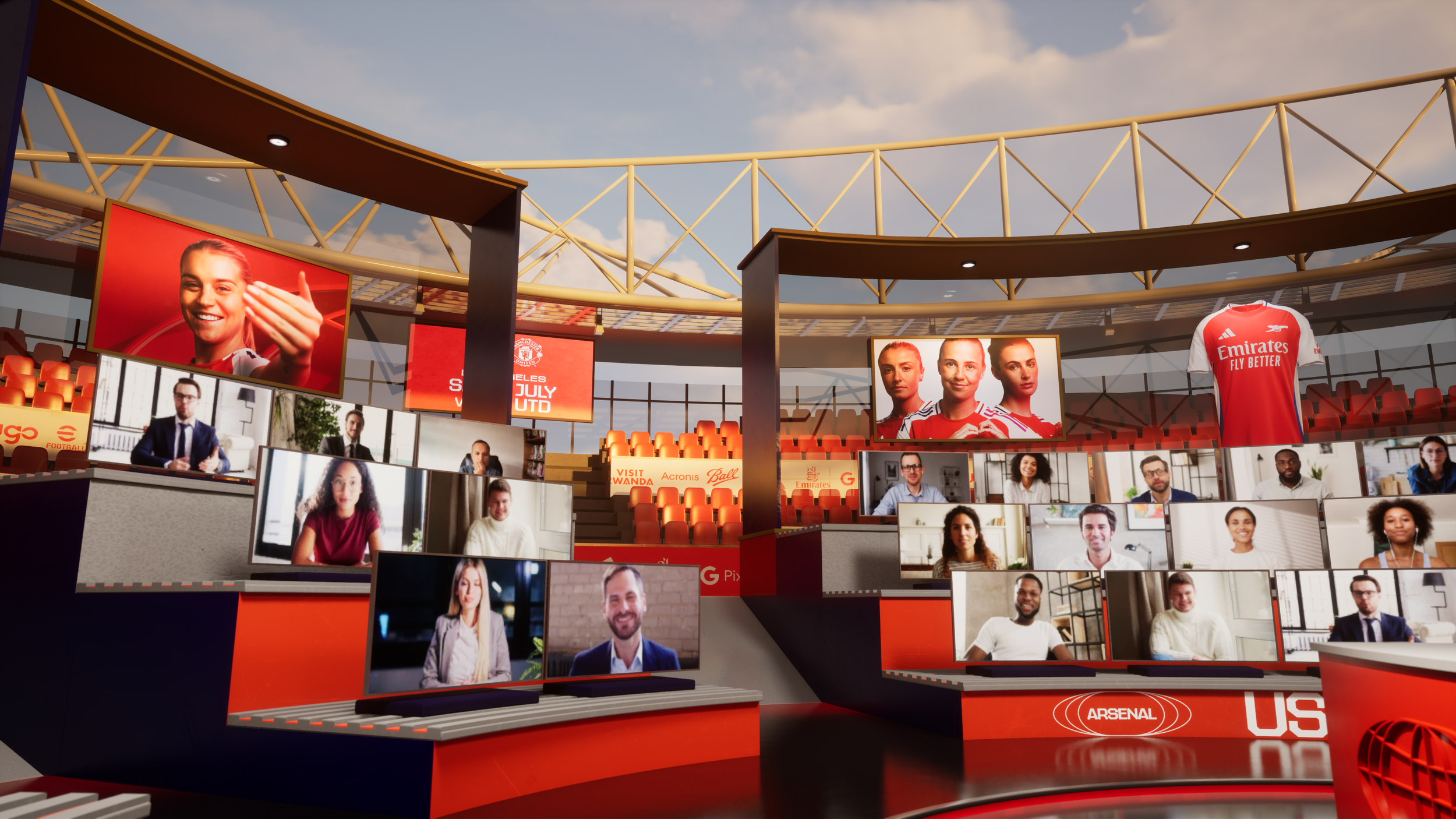 Virtual event in a stadium with multiple large screens displaying people, sports teams, and advertisements, including Arsenal and Manchester United logos, along with a football jersey and a series of seated virtual attendees.