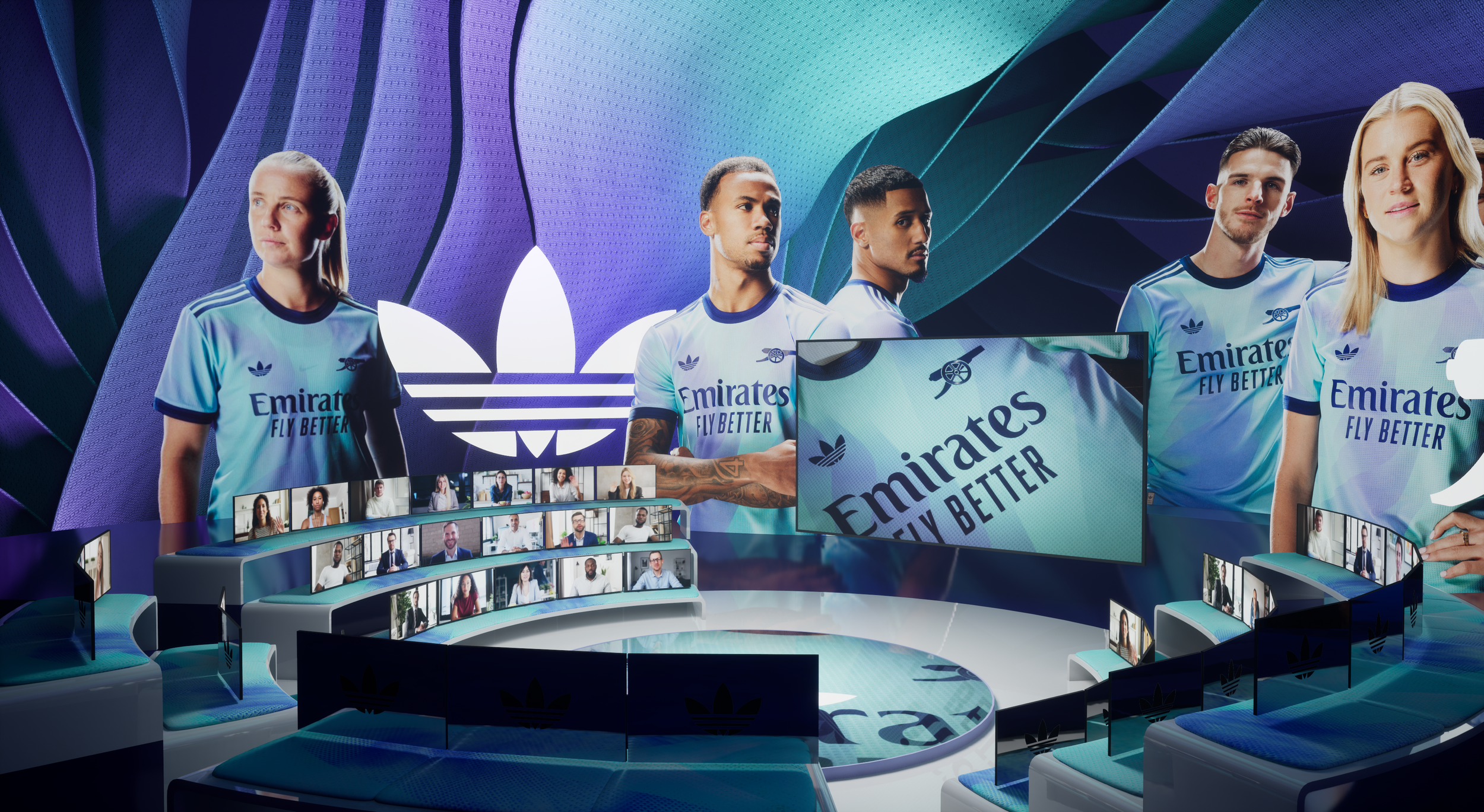 A virtual event with athletes in sports jerseys, sitting in a semi-circle with screens showing remote participants, surrounded by a futuristic digital backdrop with Adidas and Emirates logos.