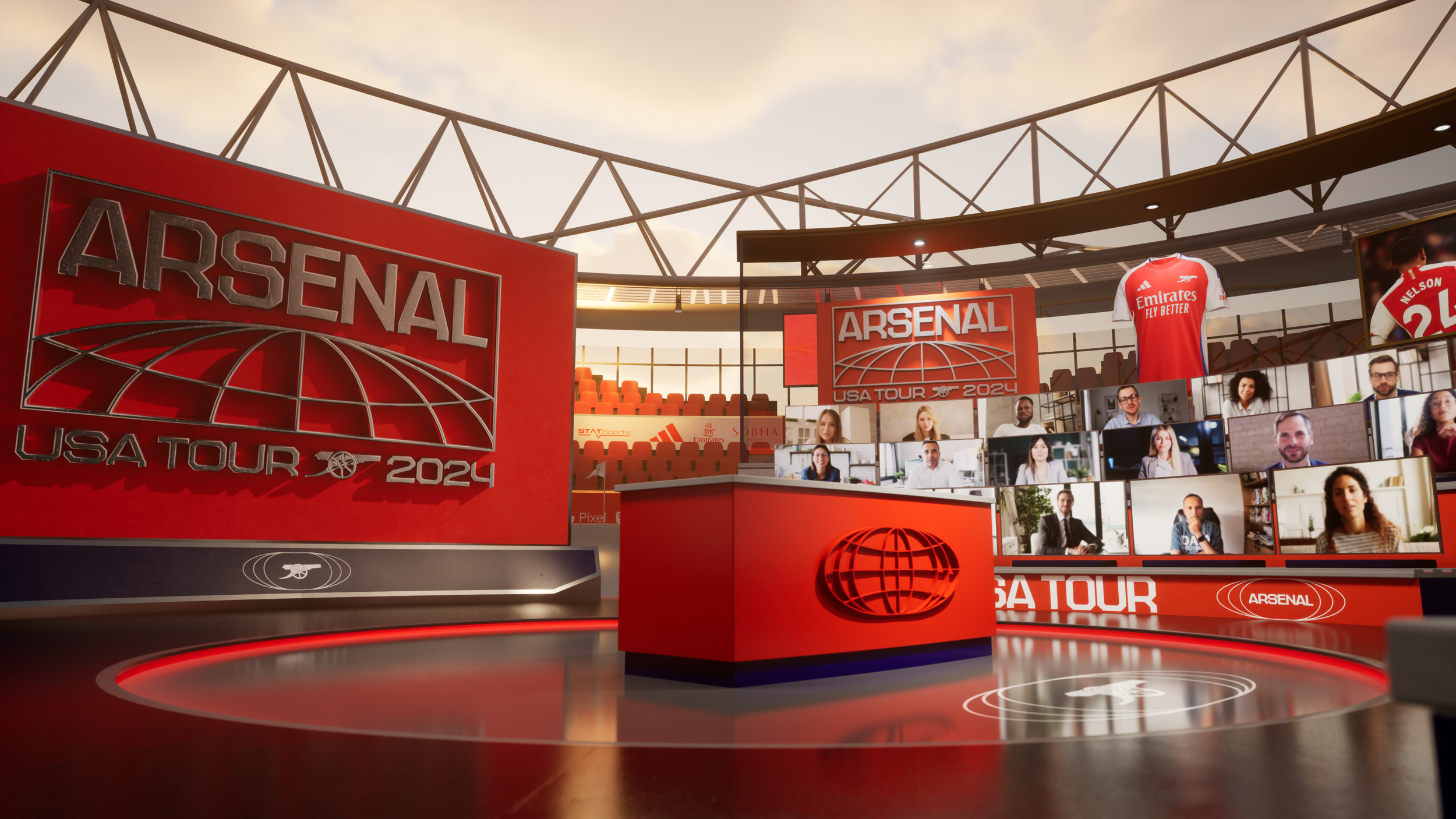 A virtual conference room with large screens displaying guests and sports visuals, promoting Arsenal's USA Tour 2024 with a red and black theme, including team jerseys and a globe logo.