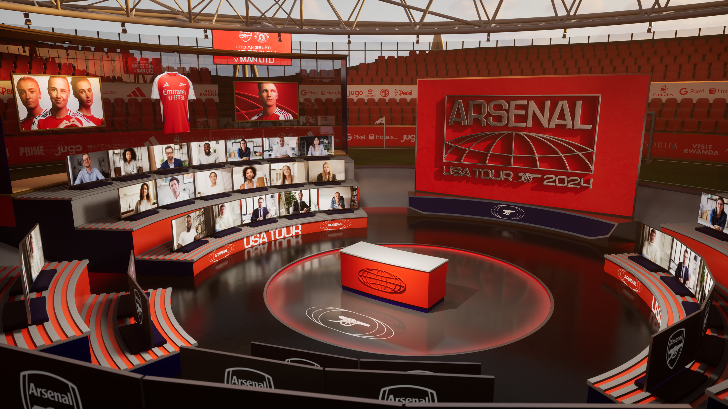 Virtual studio setting for Arsenal's 2024 USA Tour, featuring large red screen with Arsenal logo, multiple monitors with virtual participants, and empty stadium seats in the background.