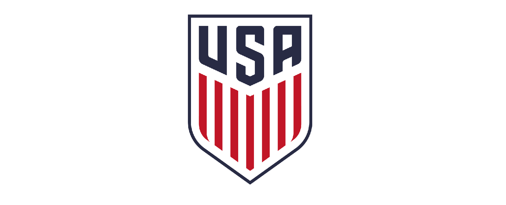 USA Soccer emblem with a shield design featuring the letters USA at the top and red and white vertical stripes below.