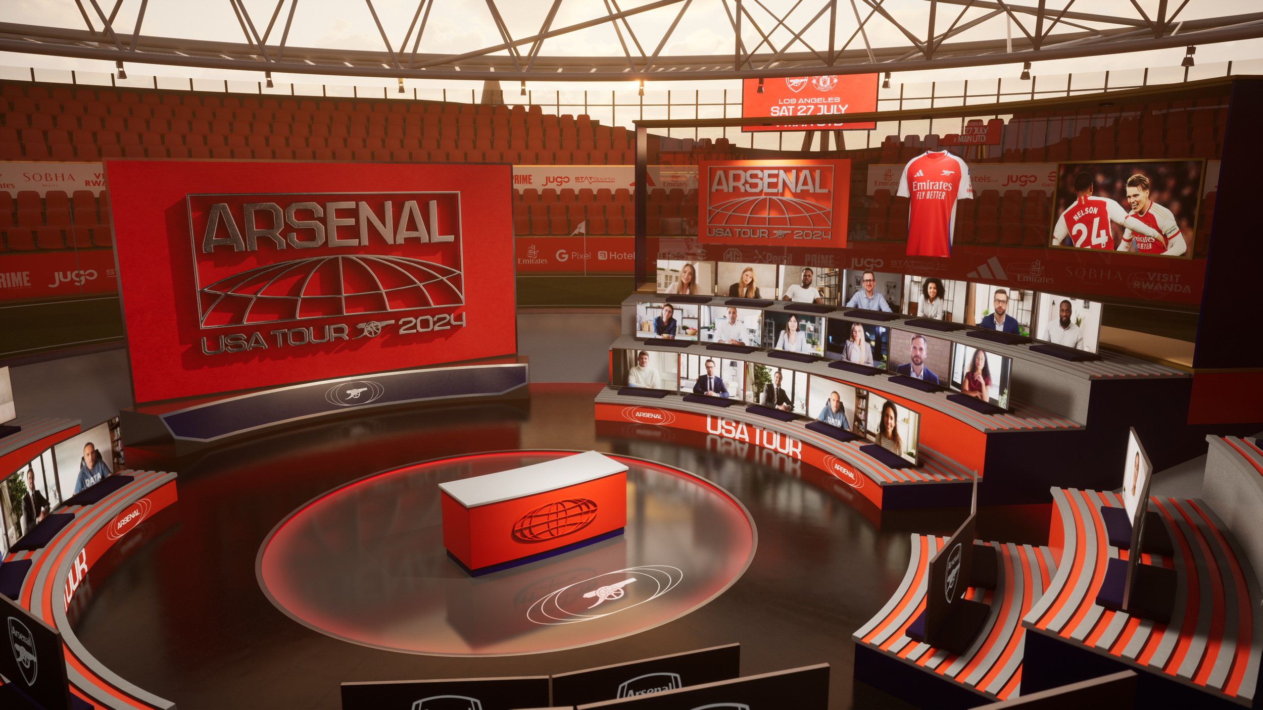 Virtual set for Arsenal USA Tour 2024 with large red and black branding screens, a red desk in the center, multiple monitors with virtual participants, and stadium seating in the background.