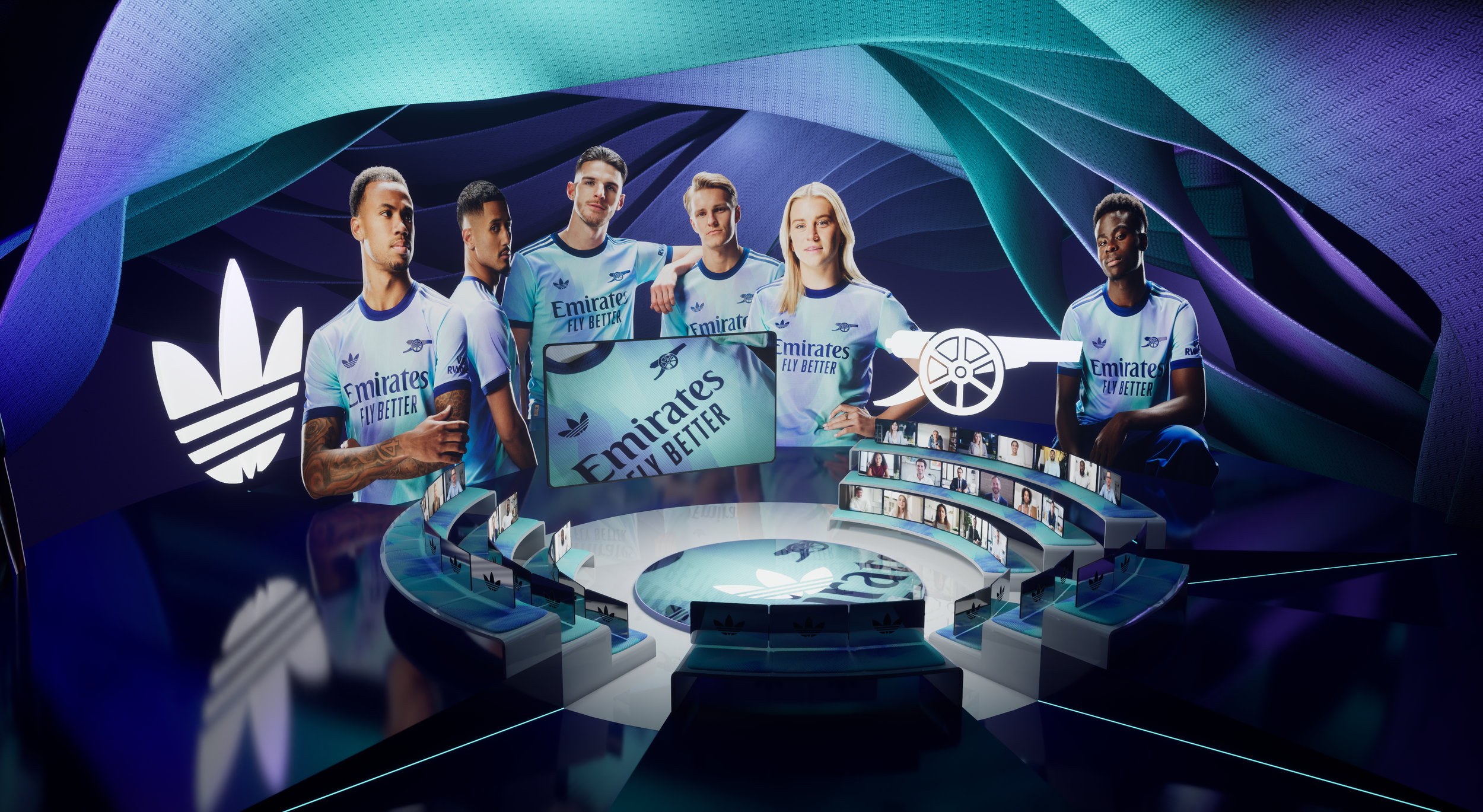 Digital artwork featuring football players in white jerseys with blue accents, surrounded by technology, screens, and the Adidas logo.