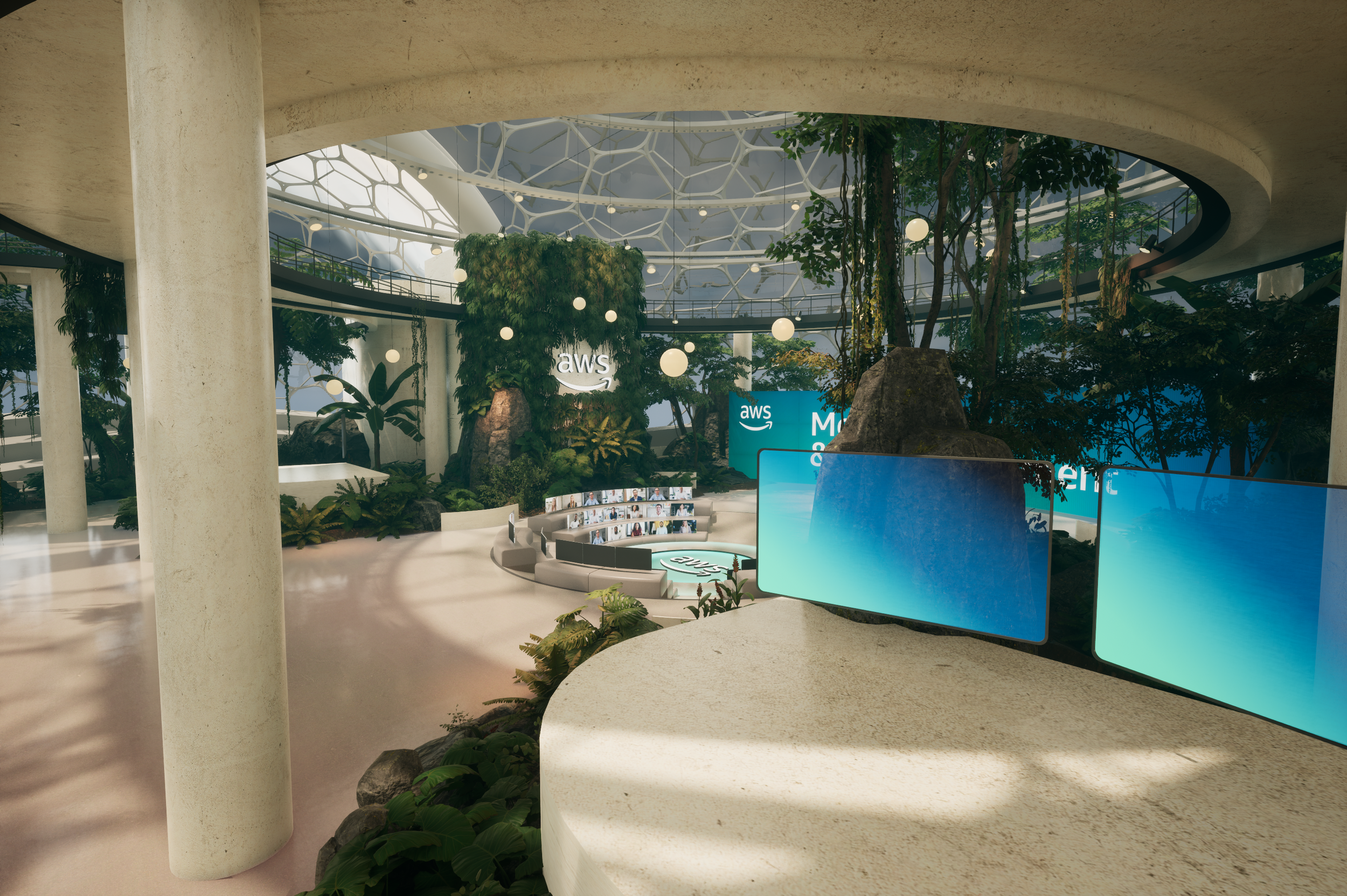 Interior of a modern building with large concrete columns, lush green plants, digital screens, and an AWS sign in the background, resembling a conference or exhibition space.