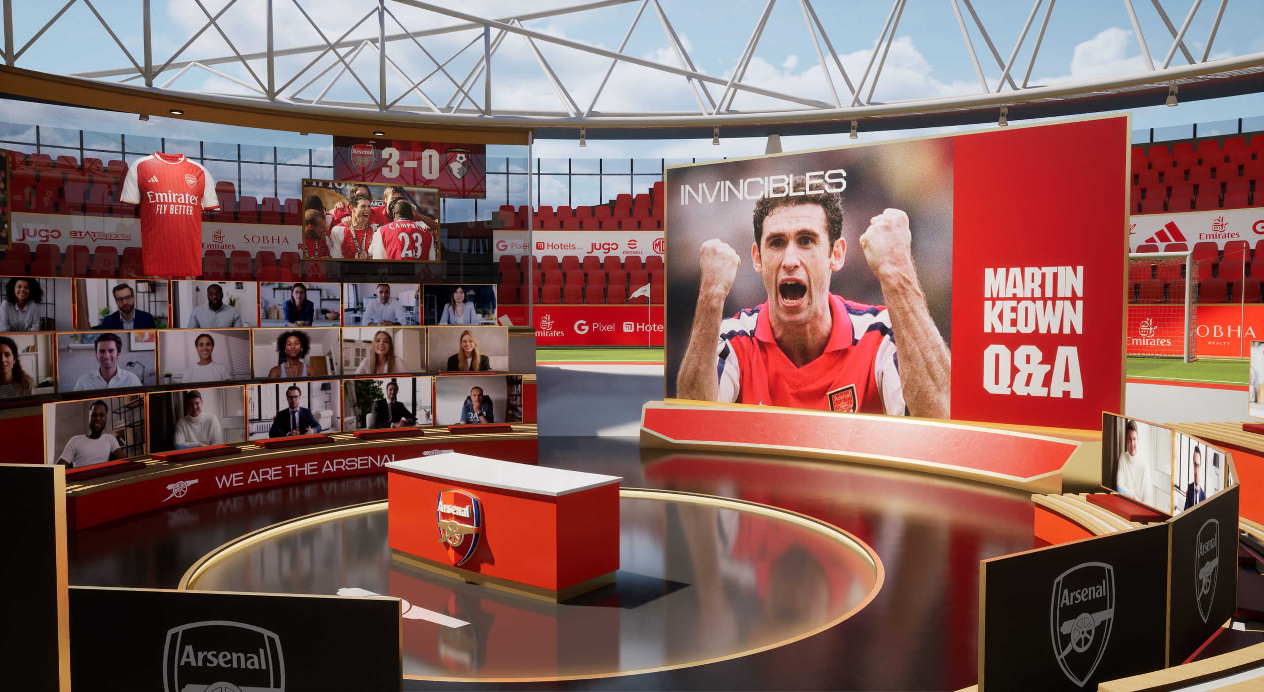 A stage designed for an Arsenal football club virtual event with a large screen displaying a player with clenched fists and the words "INVINCIBLES" and "MARTIN KEOWN Q&A." The stage features an Arsenal shirt, a screen of virtual participants, and seating arrangements, all within a stadium-like setting with red and black branding.