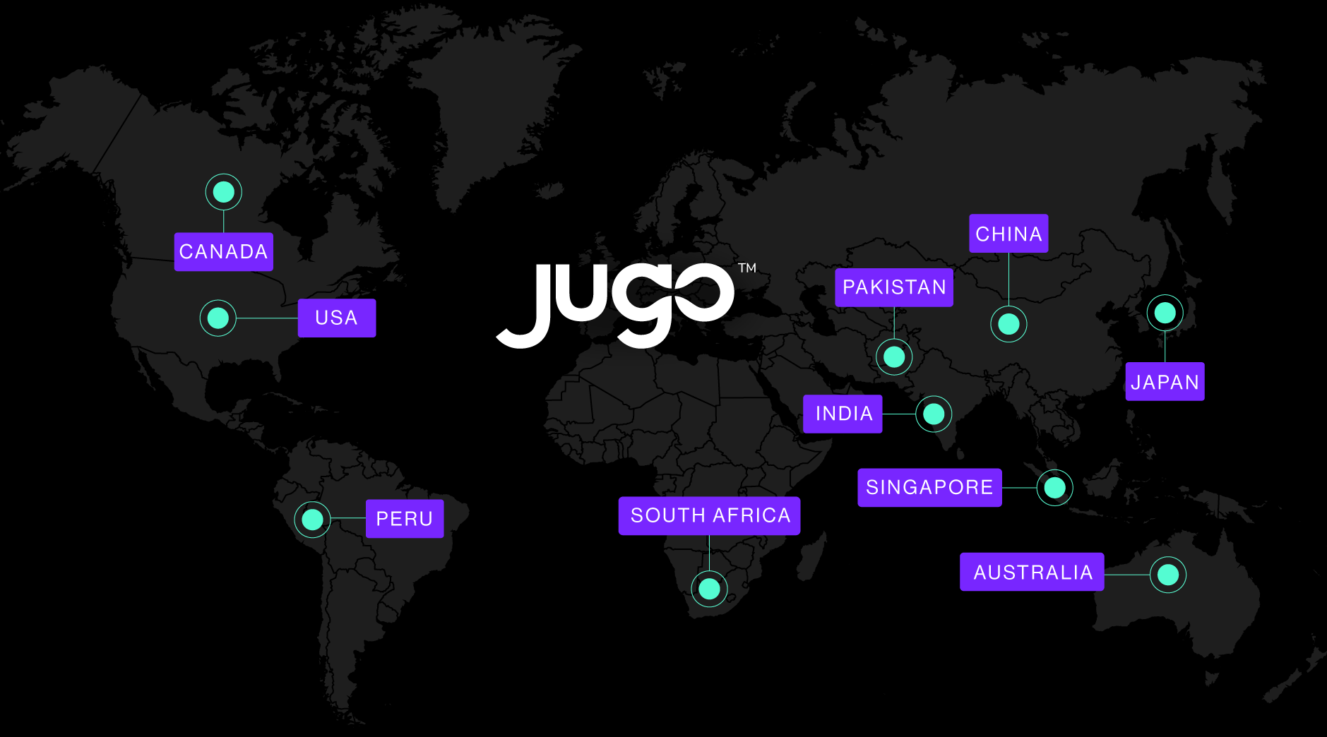 World map highlighting countries with Jugo locations: Canada, USA, Peru, South Africa, India, Pakistan, China, Japan, Singapore, Australia