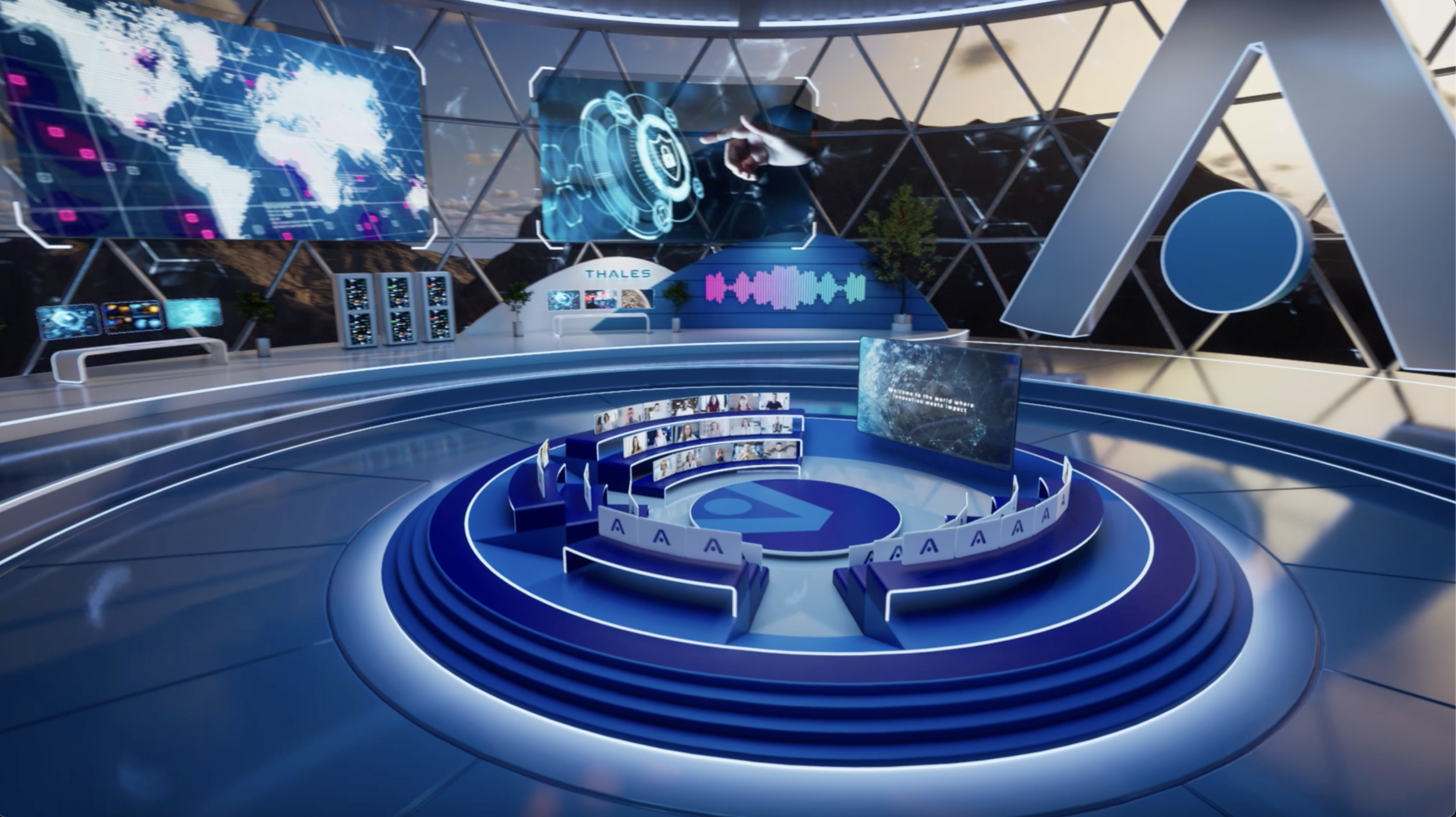 Futuristic conference room with digital screens showing maps, graphs, and technology icons, arranged in a circular layout with seating, inside a glass geodesic dome with mountains outside.